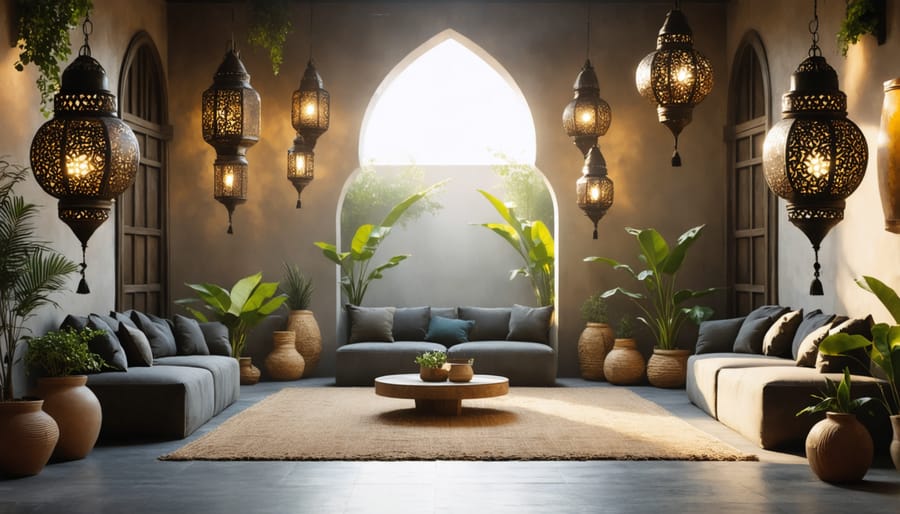 Mixed traditional and contemporary Moroccan lanterns casting intricate shadow patterns
