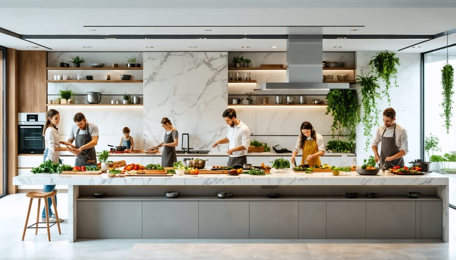 Multigenerational Asian family cooking together in a spacious modern kitchen with multiple prep areas