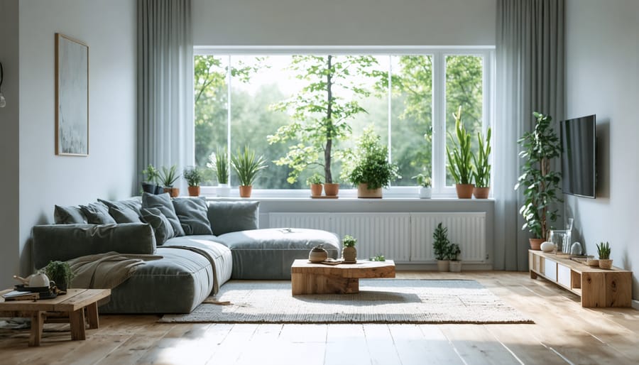 Contemporary Scandinavian minimalist living room with white walls, wooden elements, and simple furniture