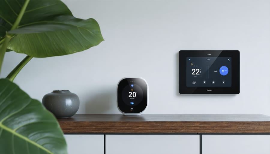 Modern smart thermostat mounted on home wall with ambient lighting
