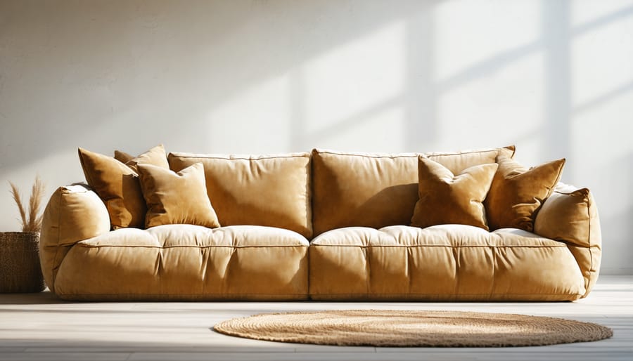 Dune sofa styled with throw pillows, blankets, and complementary furniture pieces in a contemporary setting