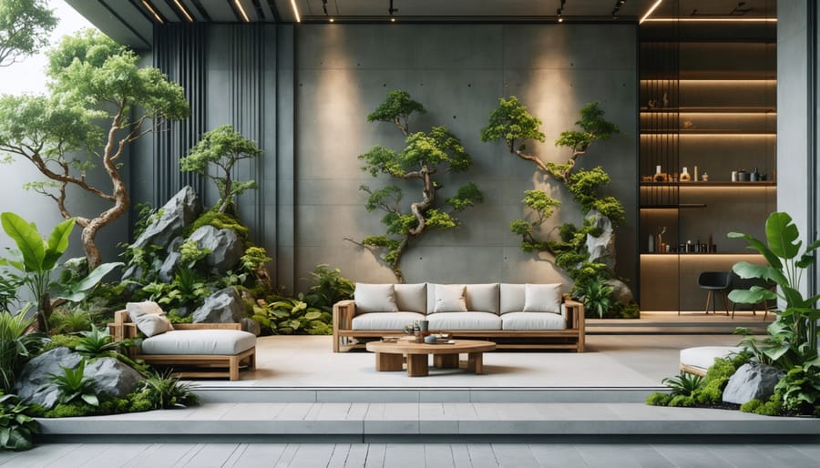 Modern sustainable home interior with modular furniture and natural materials