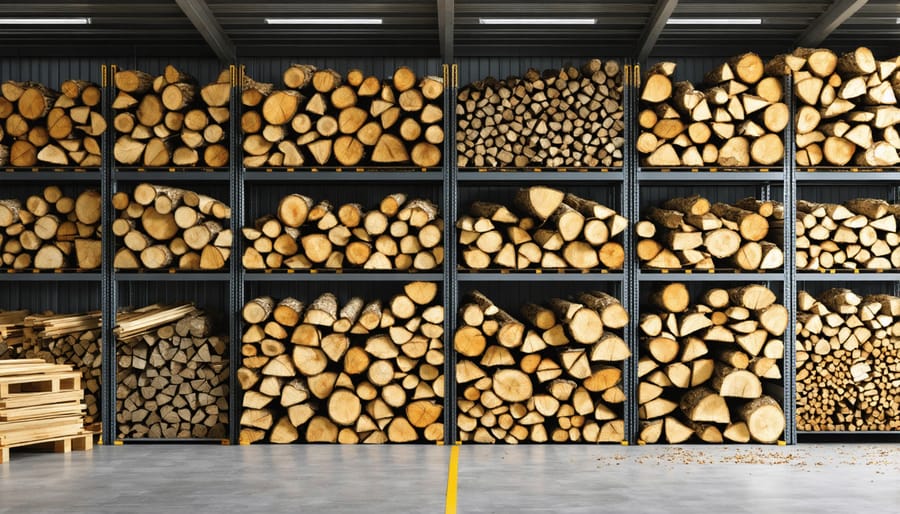 Organized workshop storage showing sorted wood offcuts and systematic waste collection bins