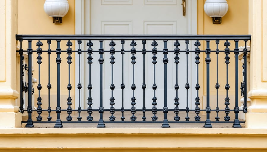 Ornate wrought iron stair railing with decorative scrollwork on residential staircase