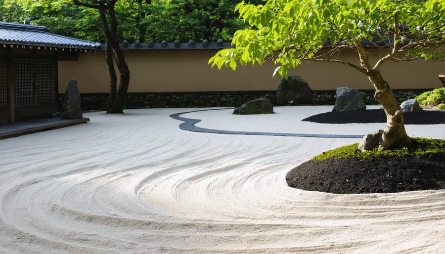 Minimalist Zen garden featuring raked sand patterns and carefully placed rocks
