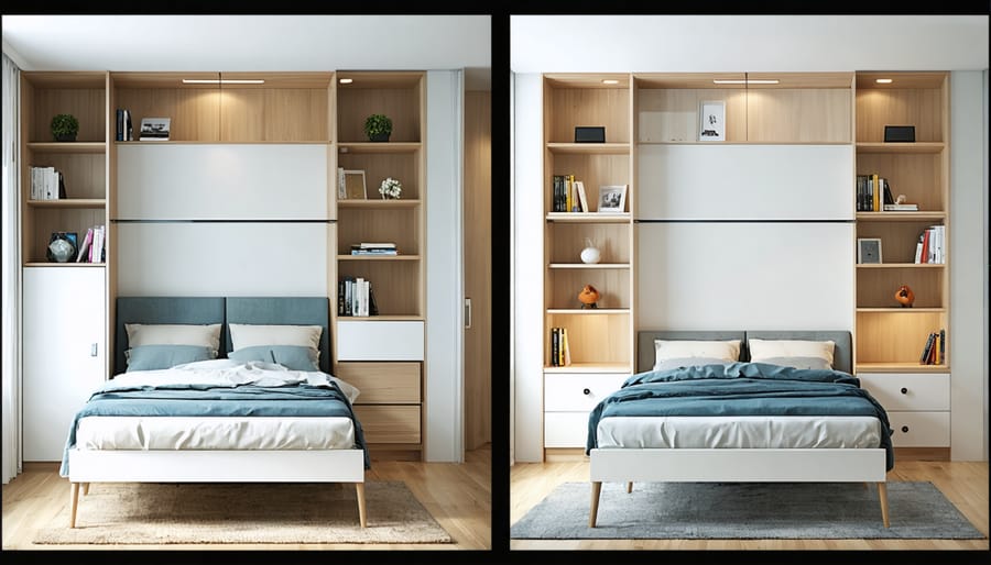 Murphy bed transforming into home office workspace demonstration