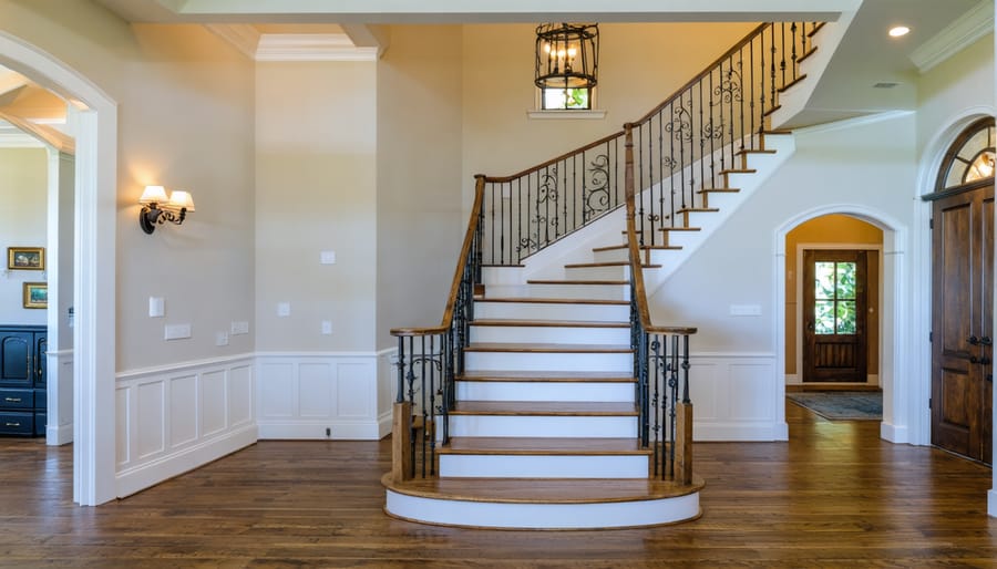 Mixed material stair railing combining wrought iron balusters with wooden components