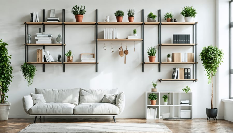 Wall-mounted storage systems including floating shelves, pegboards, and over-door organizers