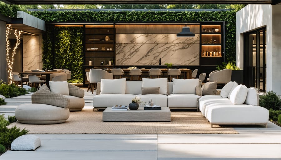 Stylish outdoor living space with furniture and decor matching indoor aesthetic