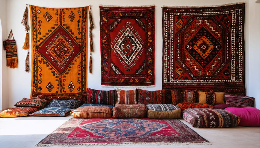Modern living room decorated with Moroccan rug, rattan furniture, and colorful cultural textiles