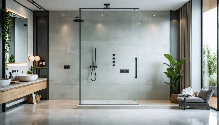 Modern curbless walk-in shower with built-in seating and contemporary tile design