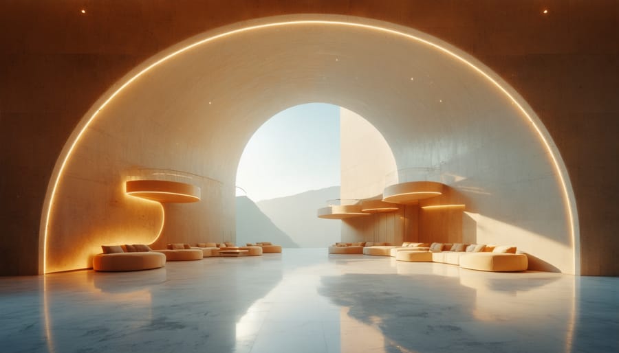 Welcoming living room entrance with statement wall and layered lighting viewed from doorway