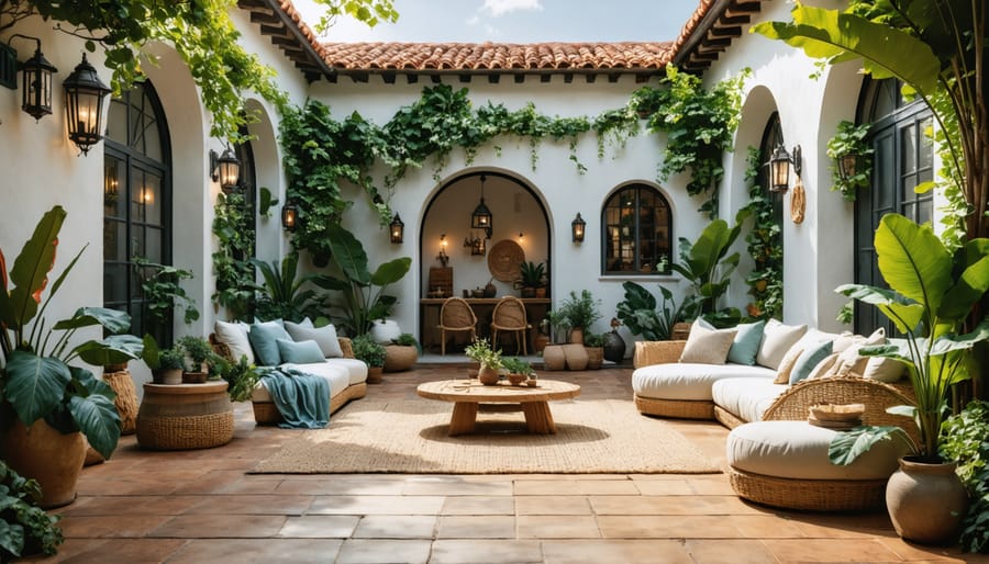 Mediterranean-style dining space with whitewashed walls, rustic beams, and indoor plants creating indoor-outdoor connection