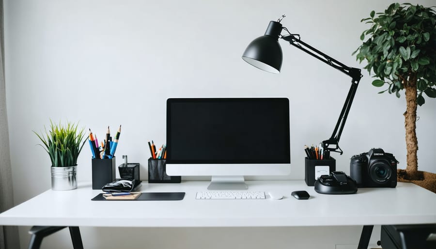 Clean tech workspace with dual monitors and organized cable management system