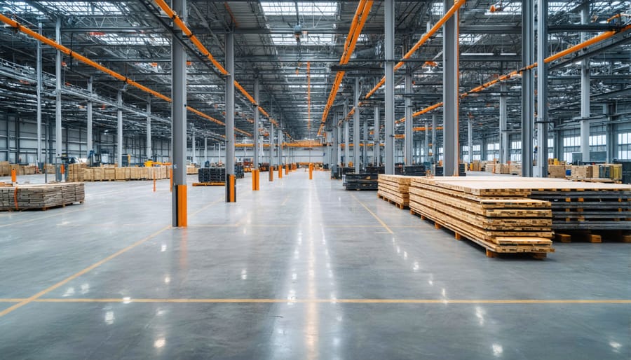 Modern modular home factory floor with precision construction equipment and organized materials