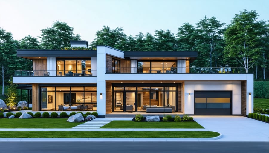 Contemporary modular home with natural wood siding integrated into forest landscape setting