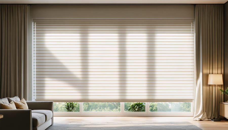 Motorized roller shades in modern bedroom with natural light filtering through fabric