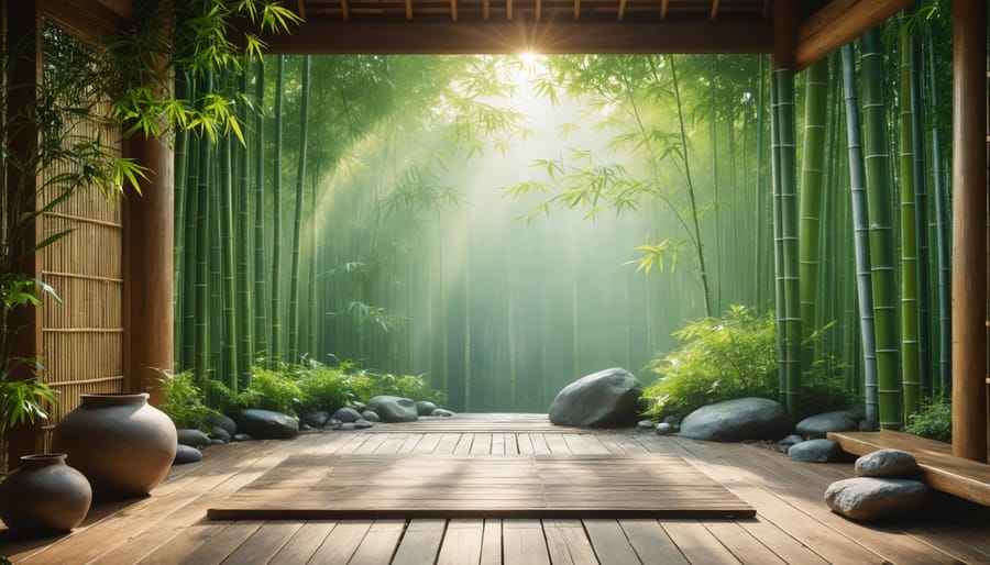 Japanese-inspired meditation corner with bamboo screen, wooden platform, and indoor plants