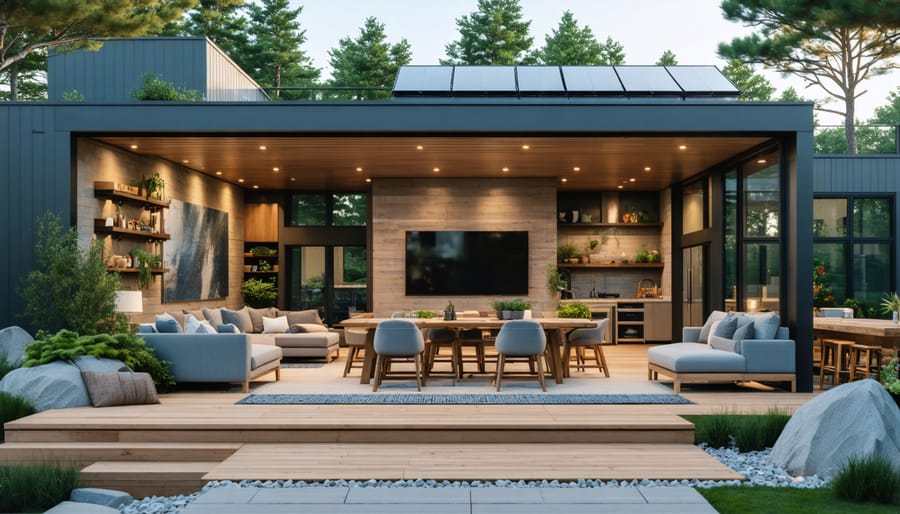 Modern outdoor patio with solar panels on pergola and comfortable seating area