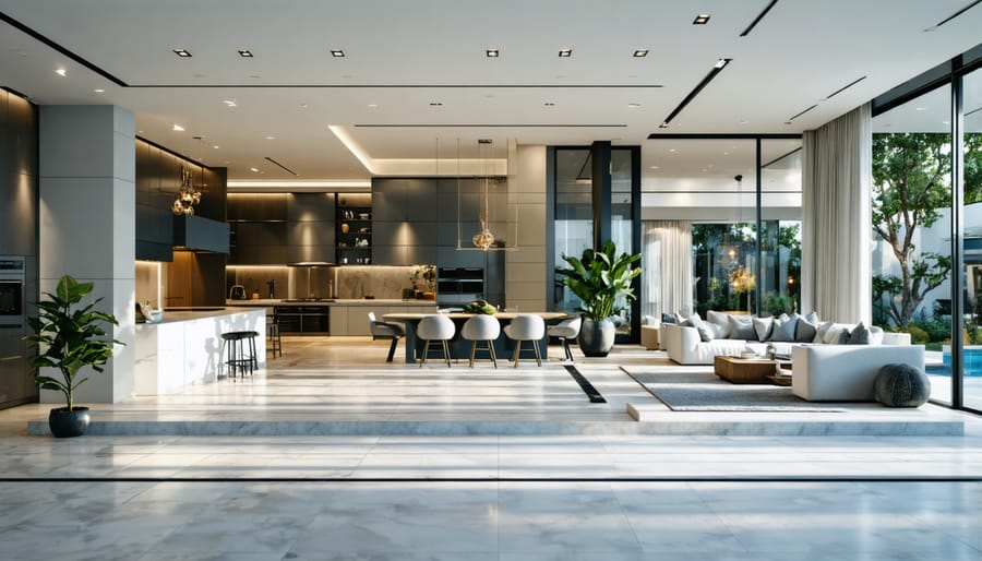 Modern 2 bedroom home interior with open floor plan and wide pathways between rooms