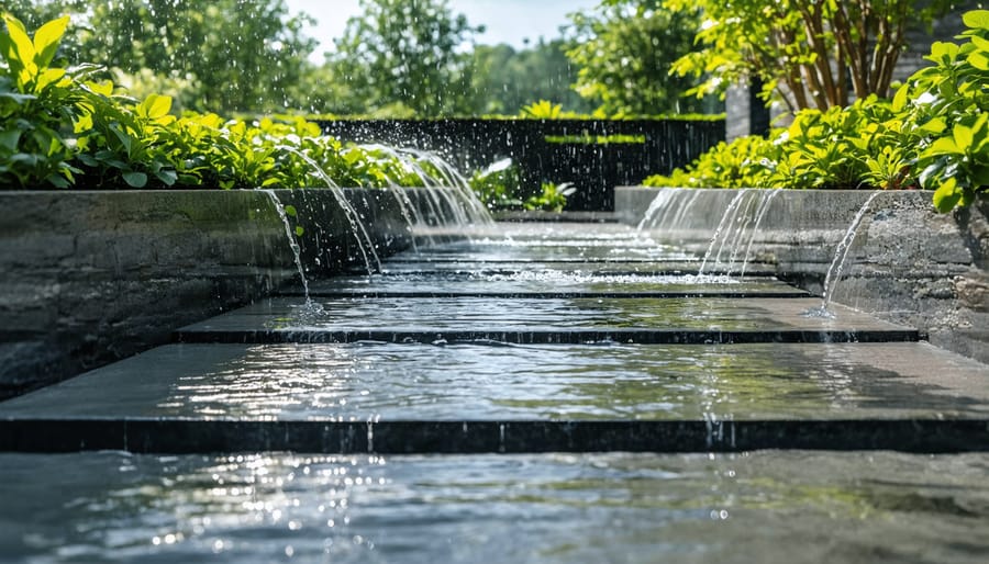 Decorative rain barrel water collection system integrated into landscape design