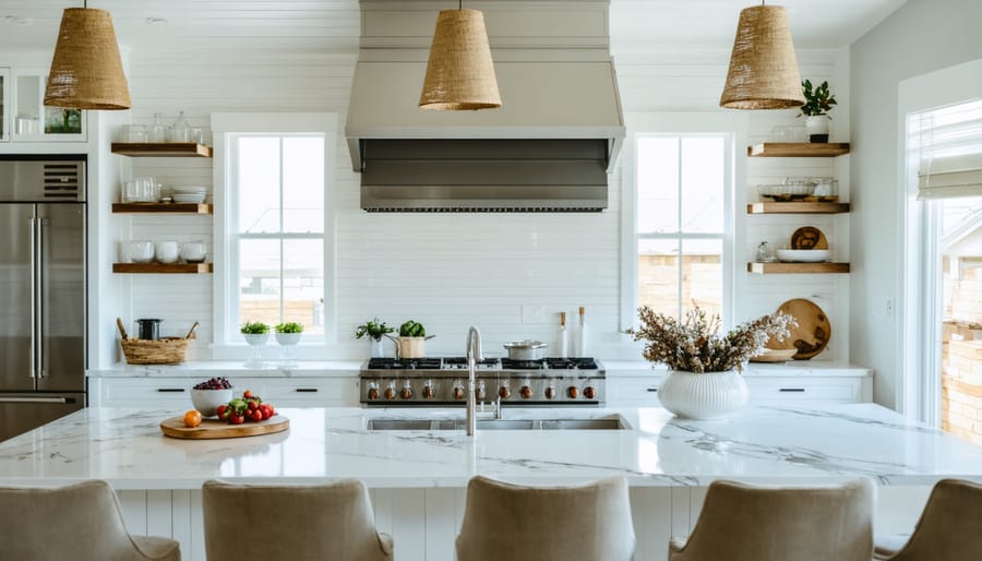 Modern renovated kitchen with white cabinets and marble countertops