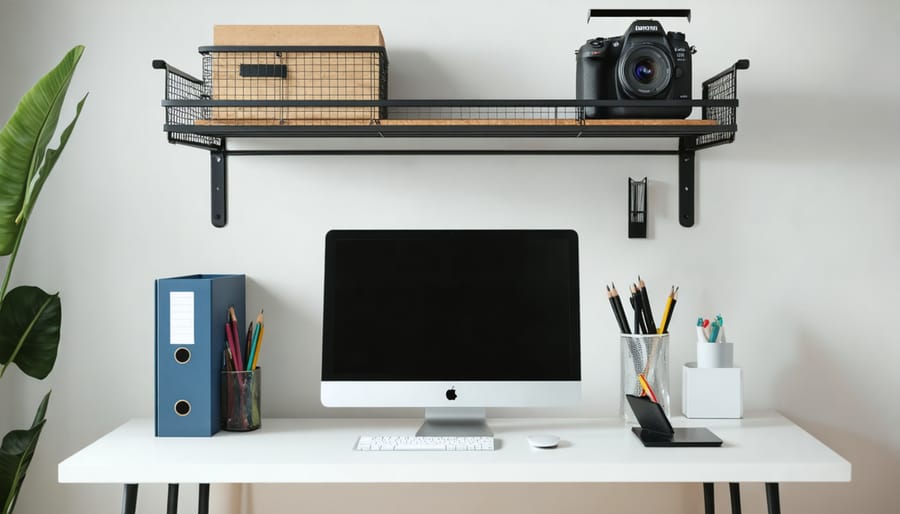 Compact corner desk with vertical pegboard storage and organized small workspace setup