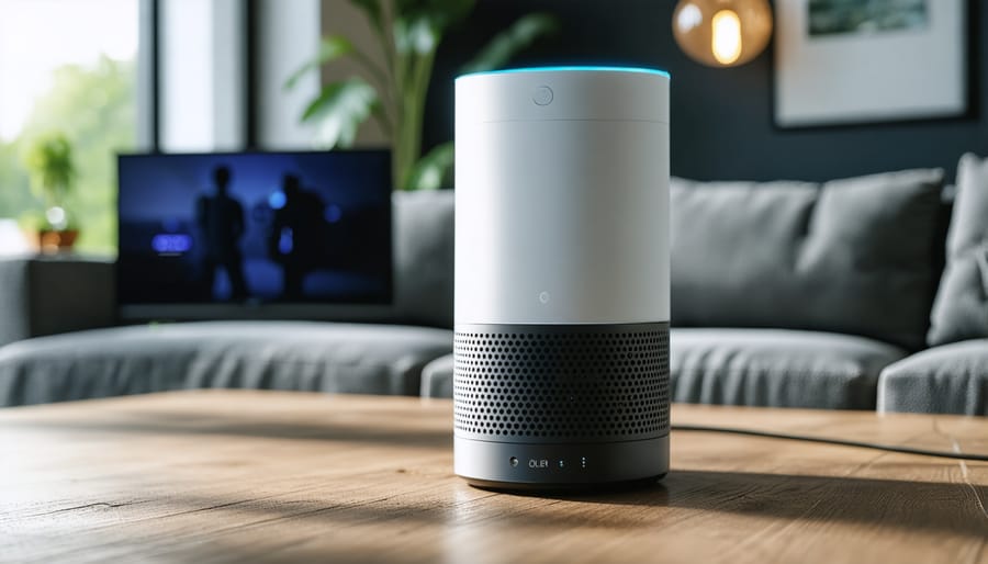 Smart home voice assistant device on kitchen counter in modern accessible home