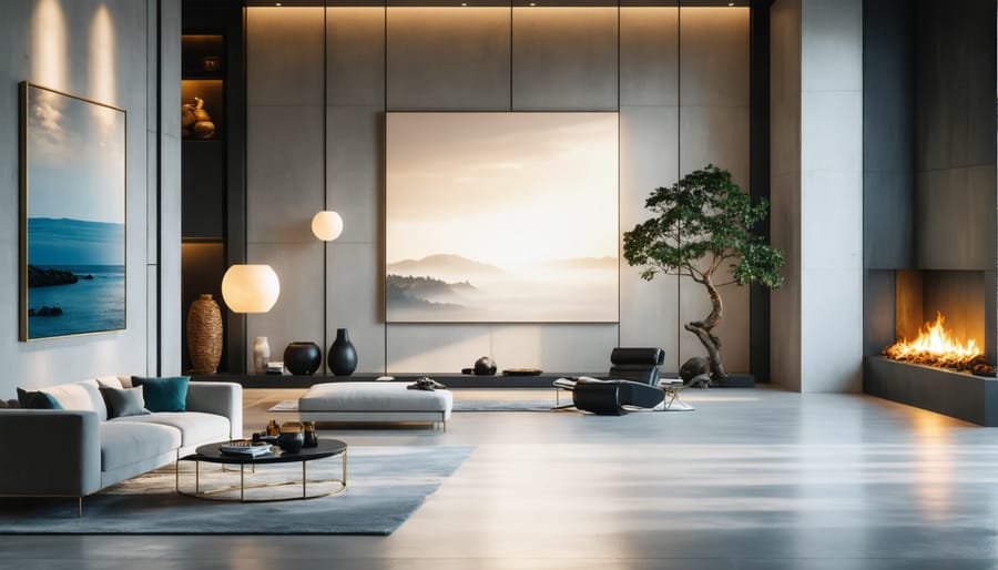 Modern living room with integrated smart lighting and recessed fixtures creating warm ambiance