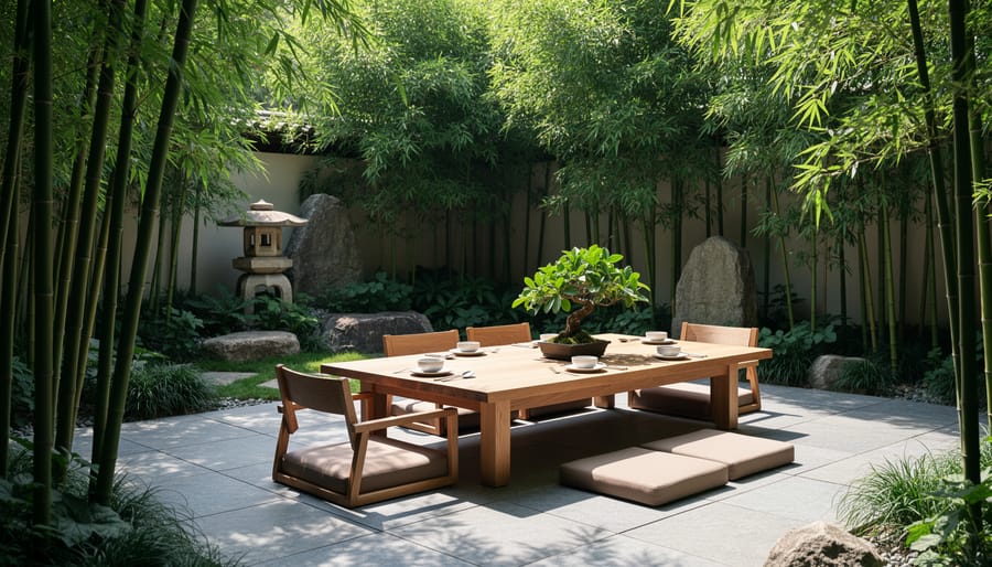 Japanese zen-style outdoor dining space with low wooden table, bamboo plants, and stone patio
