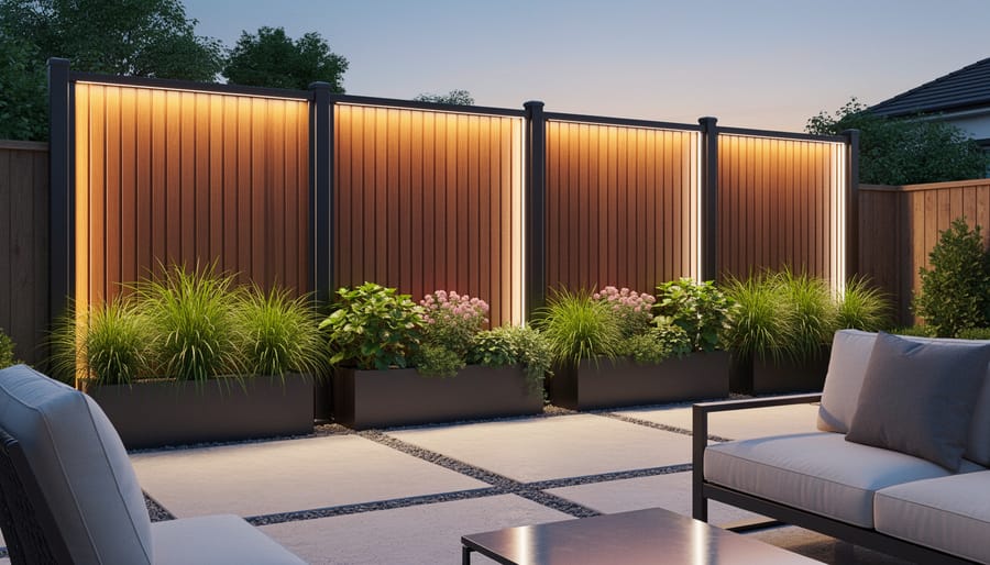 Decoratively enhanced privacy screen with string lights and mounted planters at dusk