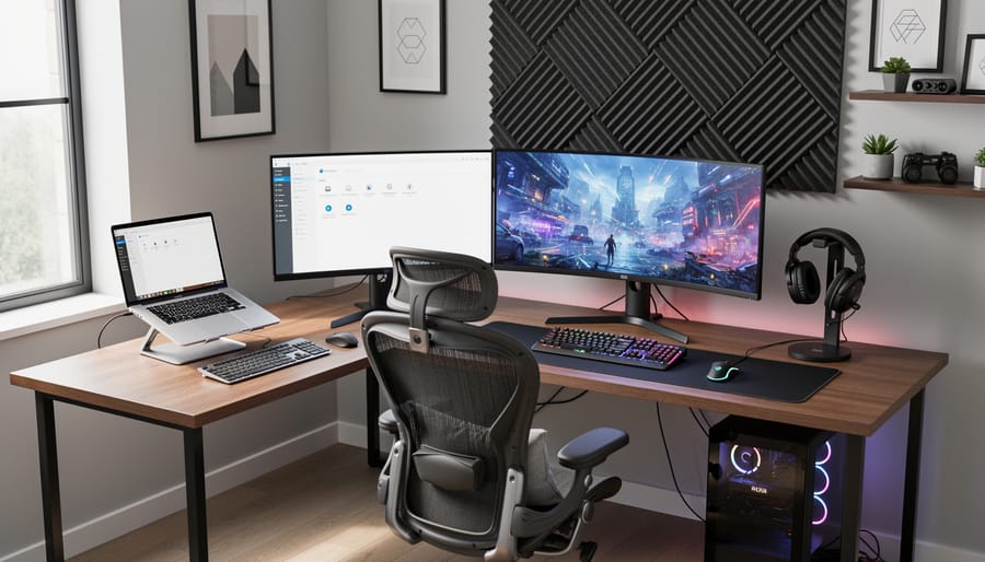 Modern L-shaped desk setup with dual monitors, gaming chair, and organized peripherals in home office