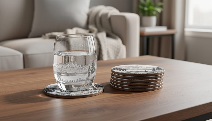 Set of wooden coasters with laser-etched forest landscape designs on table
