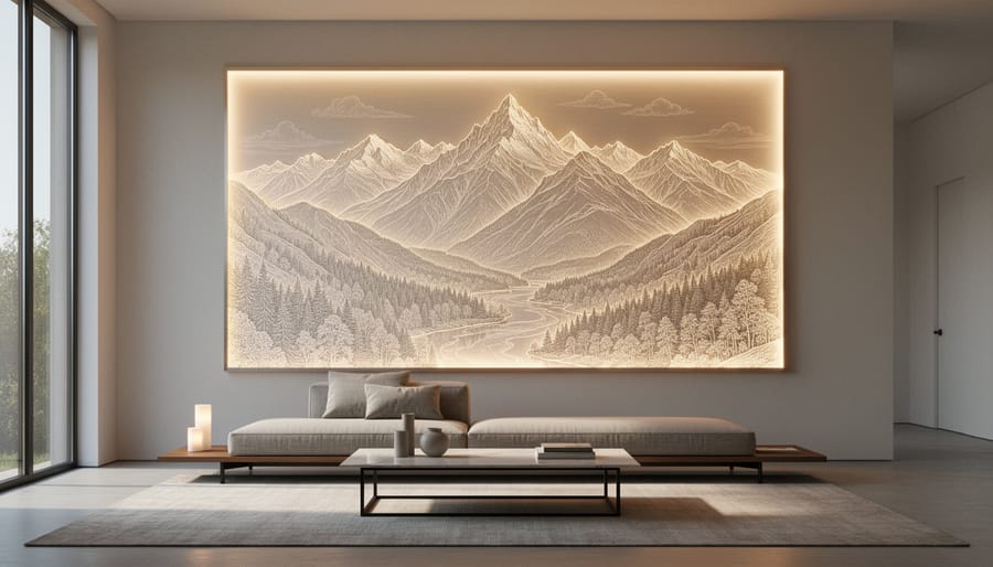 Modern living room with large etched wooden landscape panel displayed above sofa