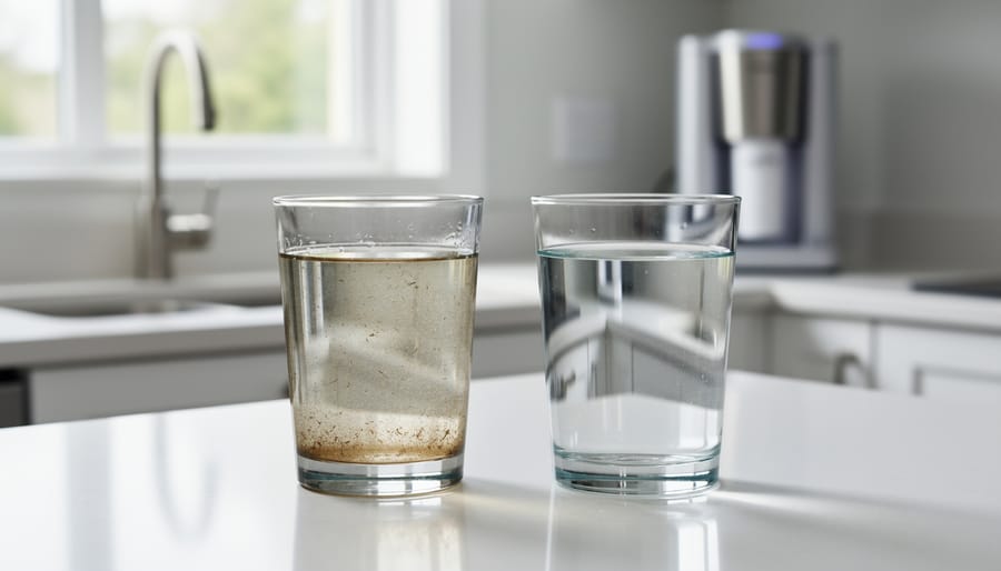 Two glass jars side by side comparing cloudy unfiltered water with clear filtered water