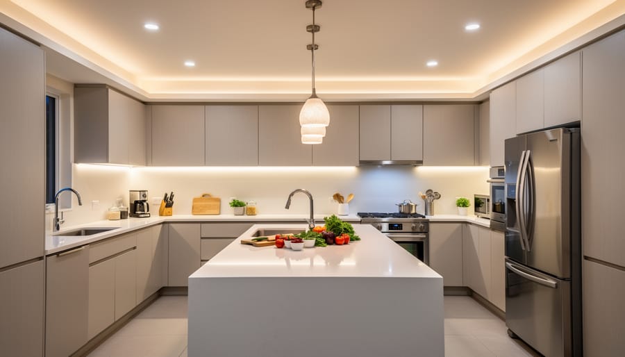 Modern kitchen with layered task lighting under cabinets and pendant lights over island