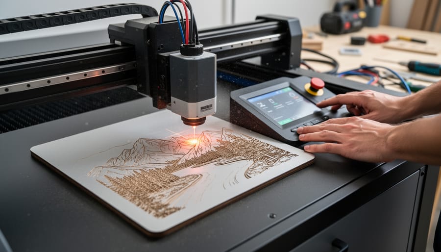 Laser engraving machine etching detailed mountain landscape design onto wooden panel