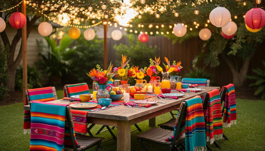 Overhead view of colorful Mexican-inspired outdoor table setting with ceramic plates and string lights