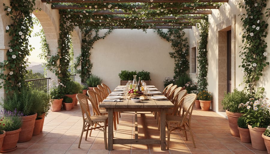 Mediterranean terrace with wooden dining table under pergola with climbing bougainvillea vines