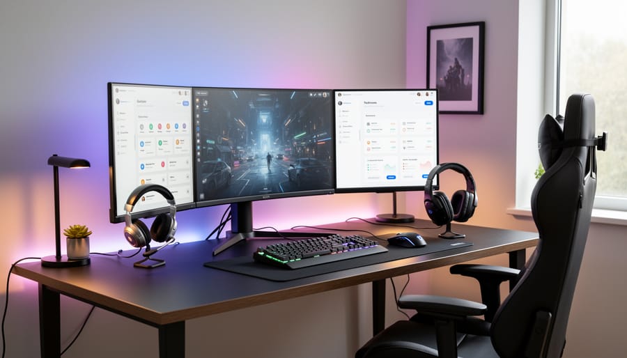 Triple monitor setup with bias lighting and organized peripherals on clean desk surface