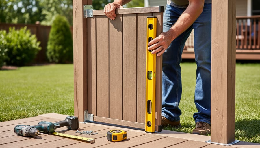 Person using drill to install privacy screen panel bracket to post