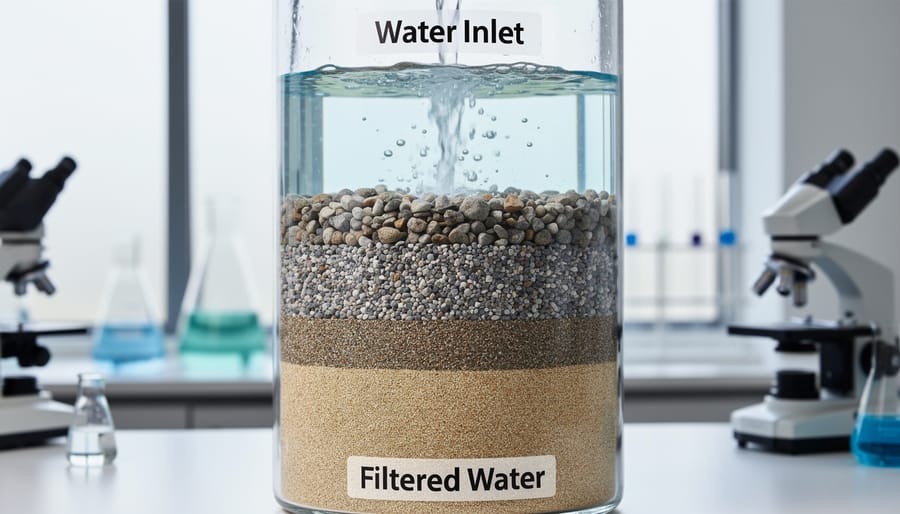 Cross-section view of DIY water filter showing layers of gravel and sand in clear container