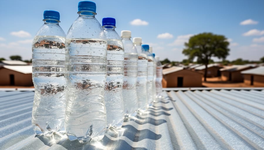 Clear plastic water bottles positioned in direct sunlight for solar water disinfection