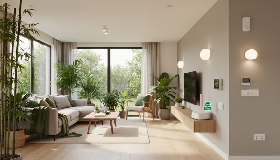 Modern living room with Zigbee smart devices integrated among natural materials and plants