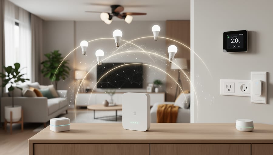 Zigbee hub on desk surrounded by eco-friendly office accessories viewed from above