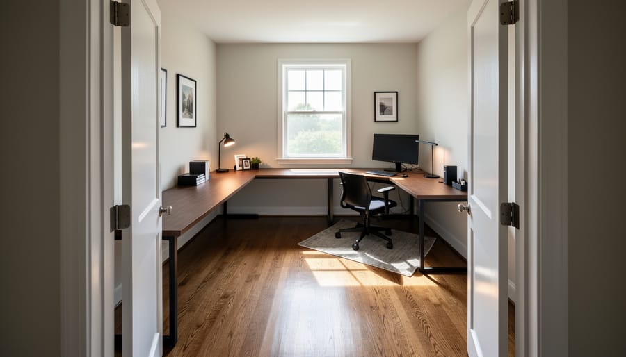 9x9 home office with L-shaped corner desk showing efficient space utilization