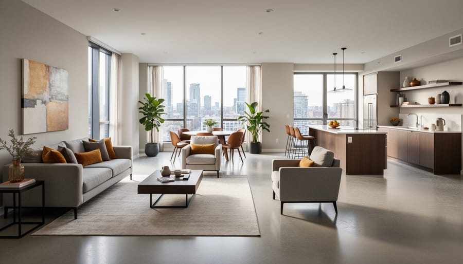 Modern condo living room with wide pathways between furniture for easy movement
