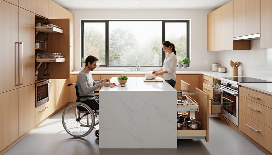 Modern kitchen with multiple counter heights and accessible storage features
