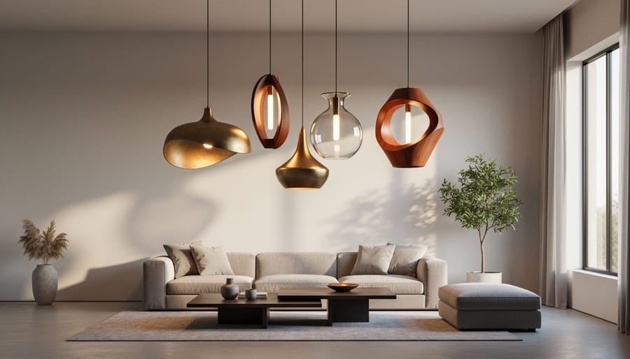 Hand-blown glass pendant light fixture with organic patterns hanging over dining table