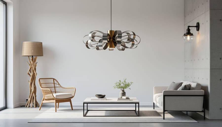 Three different styles of artistic light fixtures including sculptural, organic, and industrial designs